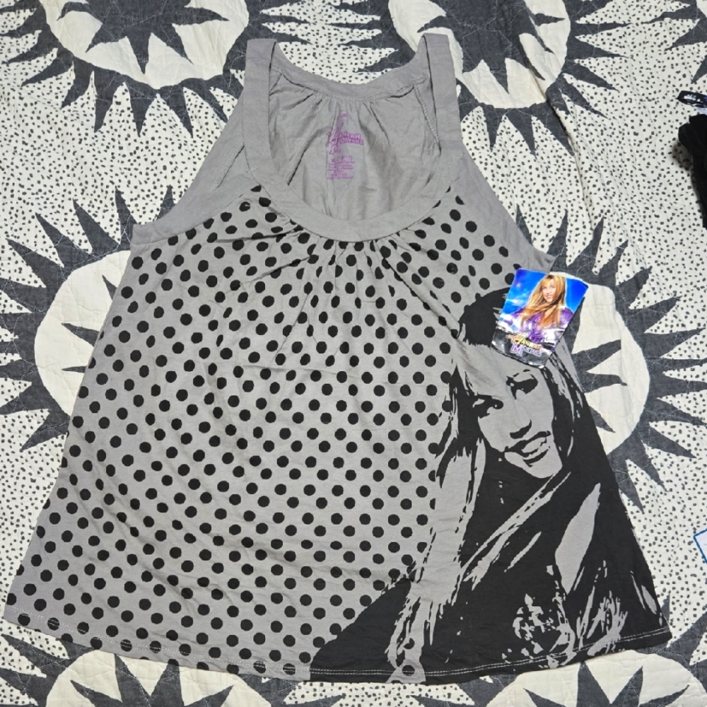 Gray Polka Dot Graphic Tank Top with Portrait. " HANNAH MONTANA"